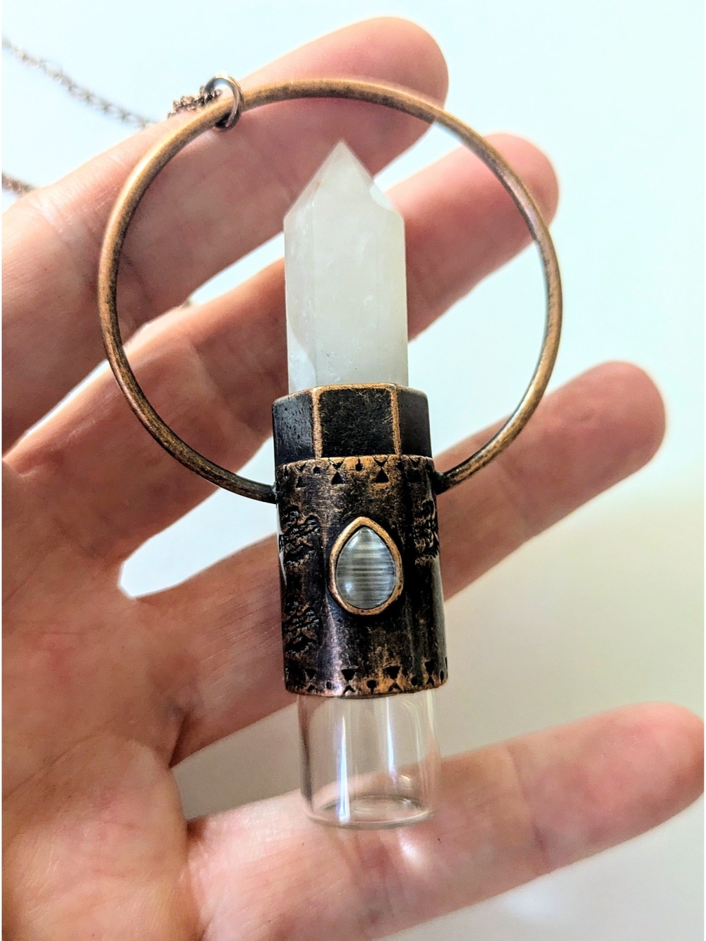 Copper & Quartz Crystal Essential Oil Rollerball Vial Pendant Necklace NEW